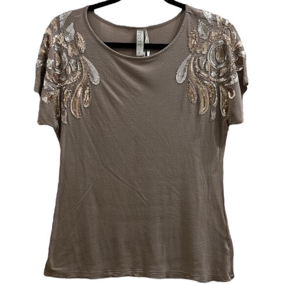 Kische Sequined Shortsleeved Top Beige Retro Gatsby Flapper Blouse 2010s Small S - Picture 1 of 7